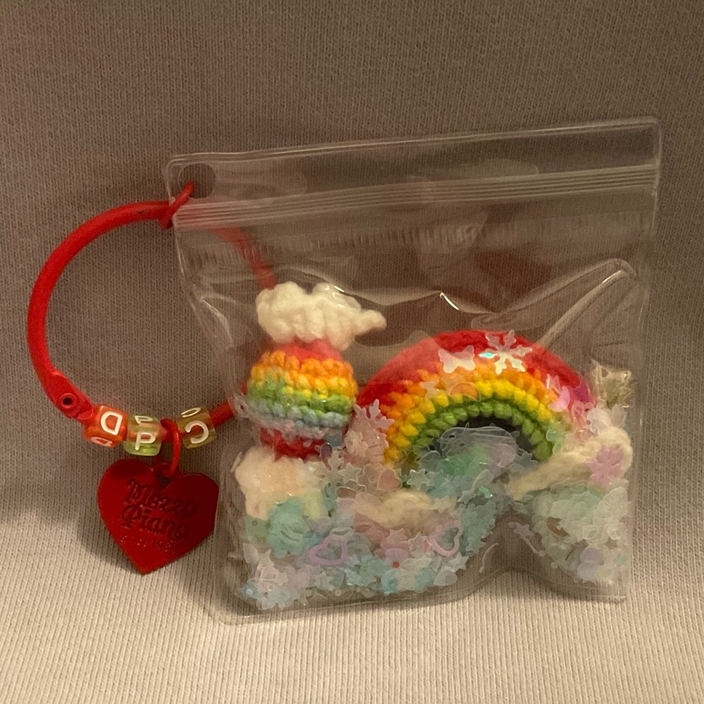 Handmade Rainbow Crochet Keychain with Red Heart Tag